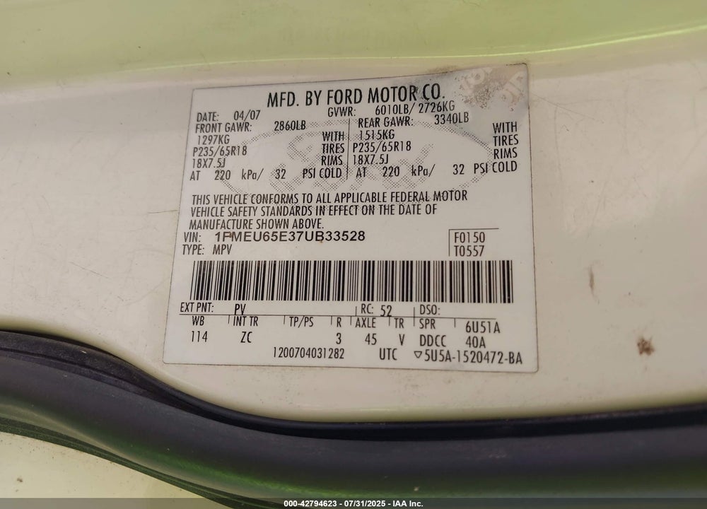 2007 FORD EXPLORER LIMITED VIN: 1FMEU65E37UB33528