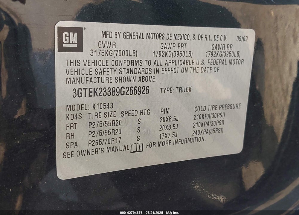2009 GMC SIERRA 1500 VIN: 3GTEK23389G266926