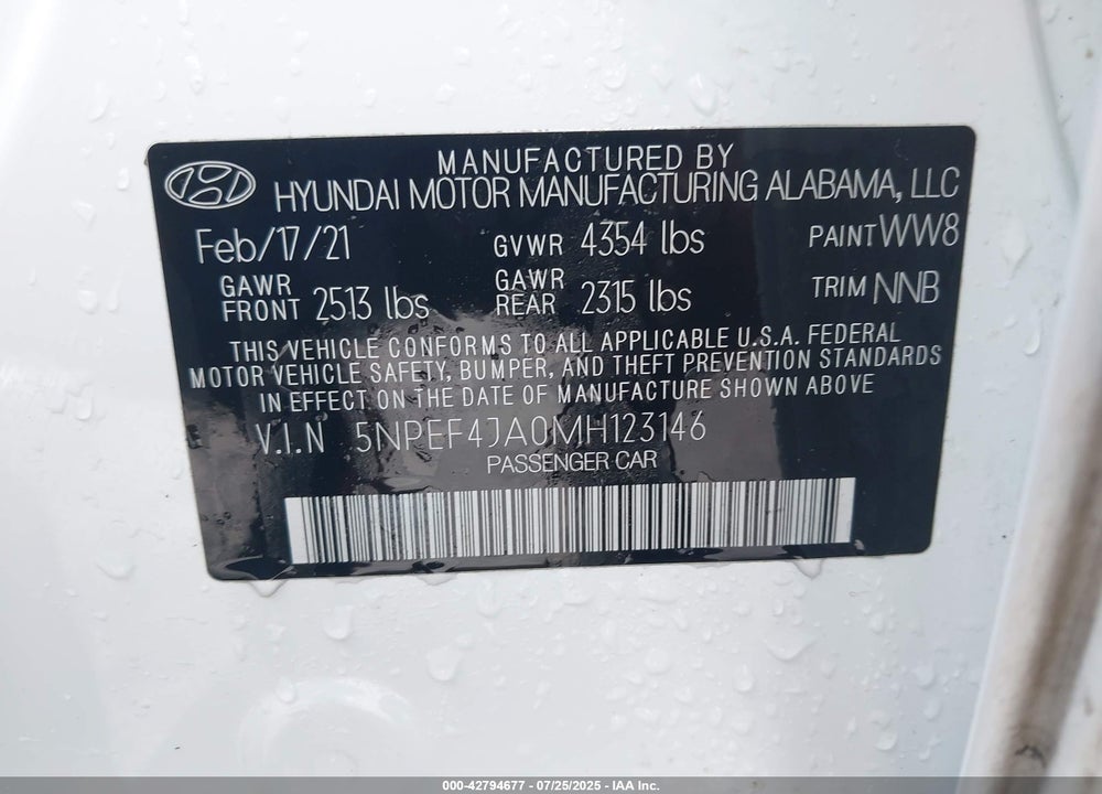 2021 HYUNDAI SONATA VIN: 5NPEF4JA0MH123146