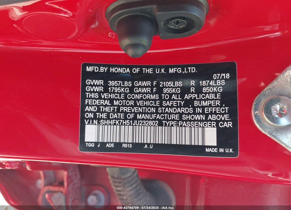 2018 HONDA CIVIC VIN: SHHFK7H51JU232802