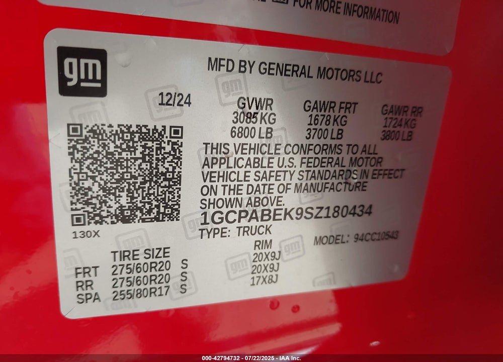 2025 CHEVROLET SILVERADO 1500 VIN: 1GCPABEK9SZ180434