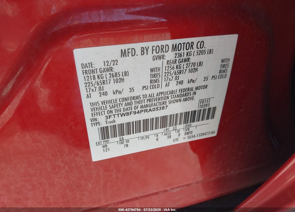 2023 FORD MAVERICK VIN: 3FTTW8F94PRA05387