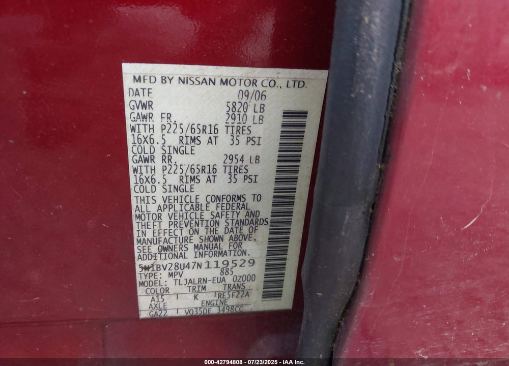2007 NISSAN QUEST 3.5 VIN: 5N1BV28U47N119529