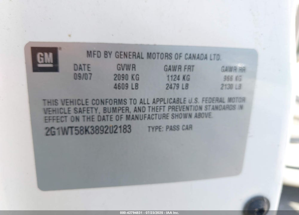 2008 CHEVROLET IMPALA VIN: 2G1WT58K389202183