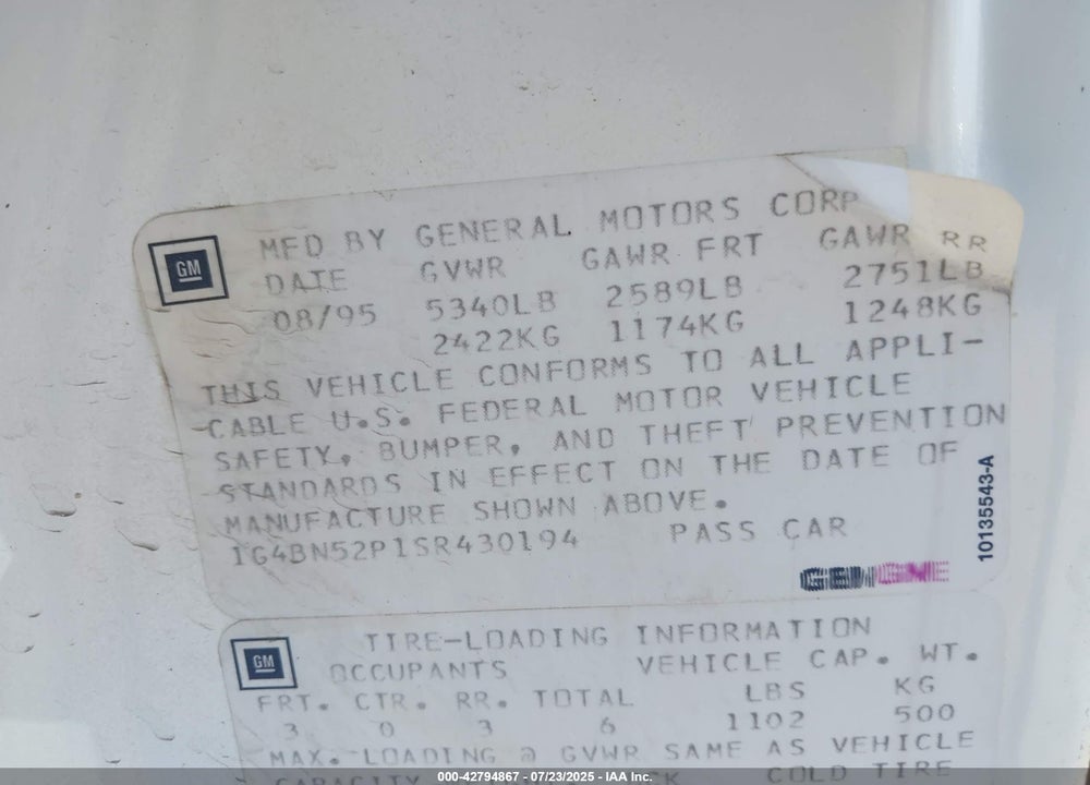 1995 BUICK ROADMASTER VIN: 1G4BN52P1SR430194