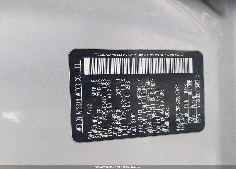 2012 NISSAN QUEST VIN: JN8AE2KP8C9047924