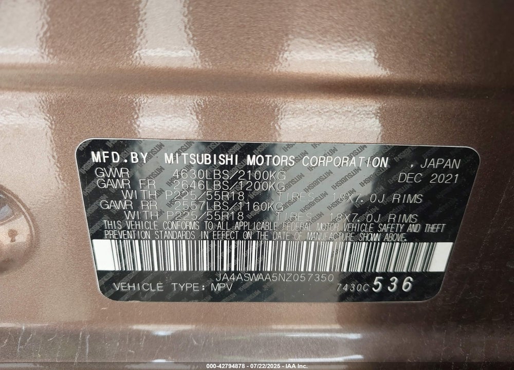 2022 MITSUBISHI ECLIPSE VIN: JA4ASWAA5NZ057350