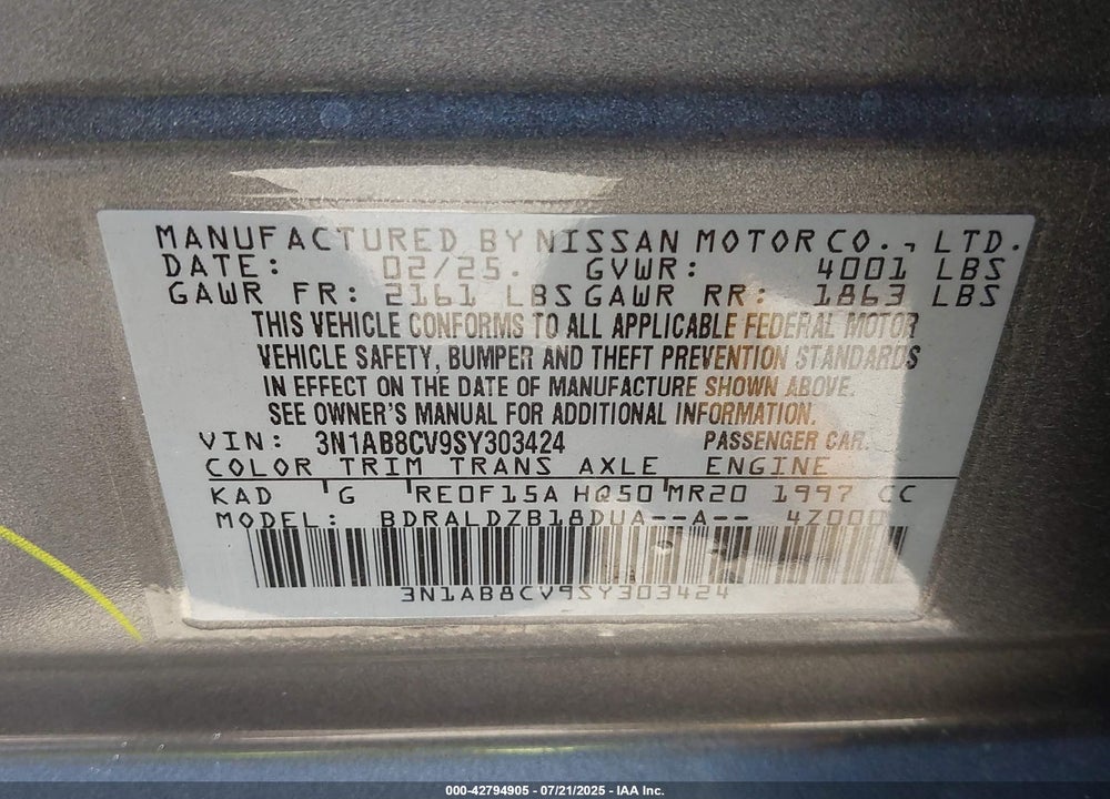 2025 NISSAN SENTRA VIN: 3N1AB8CV9SY303424