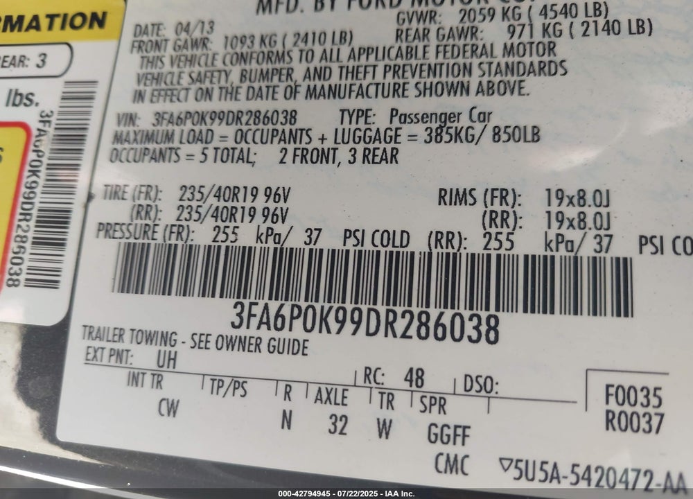 2013 FORD FUSION VIN: 3FA6P0K99DR286038