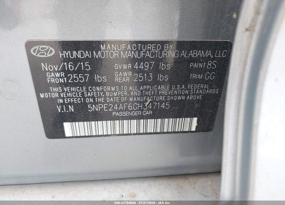 2016 HYUNDAI SONATA VIN: 5NPE24AF6GH347145