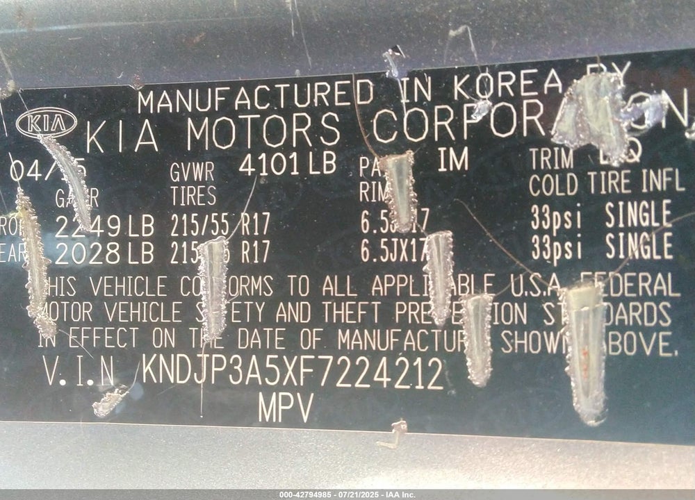 2015 KIA SOUL VIN: KNDJP3A5XF7224212
