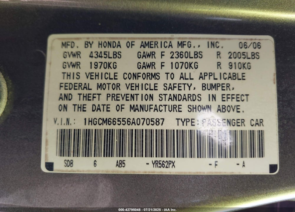 2006 HONDA ACCORD VIN: 1HGCM66556A070587