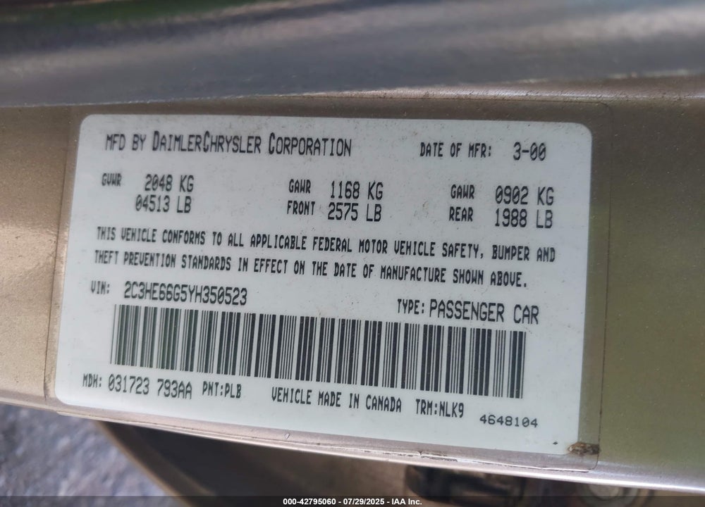 2000 CHRYSLER 300M VIN: 2C3HE66G5YH350523