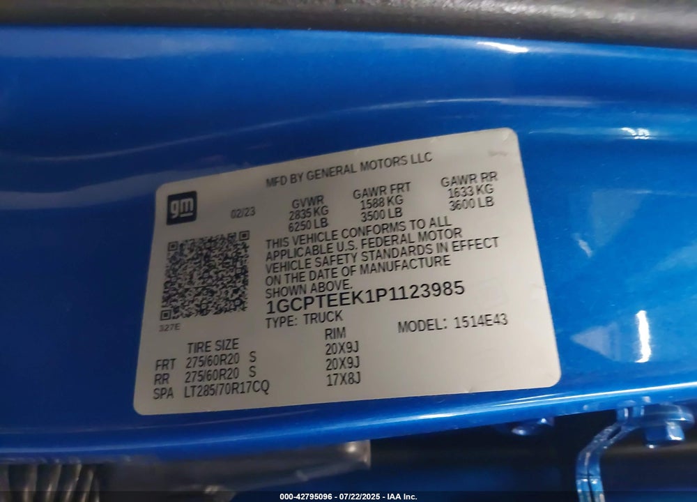 2023 CHEVROLET COLORADO VIN: 1GCPTEEK1P1123985
