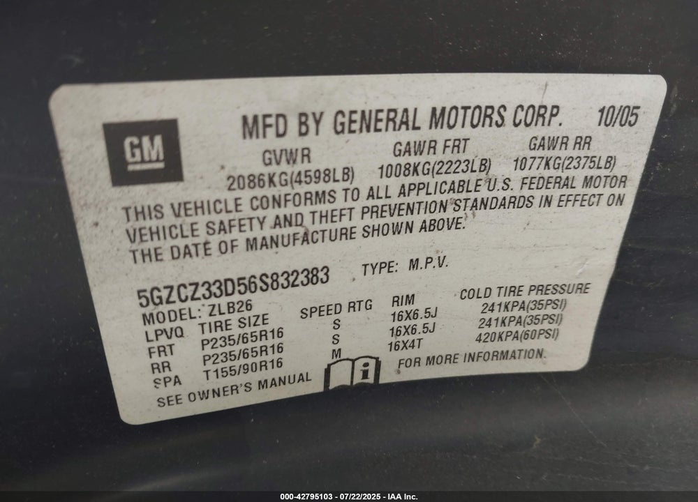 2006 SATURN VUE 4 CYL VIN: 5GZCZ33D56S832383