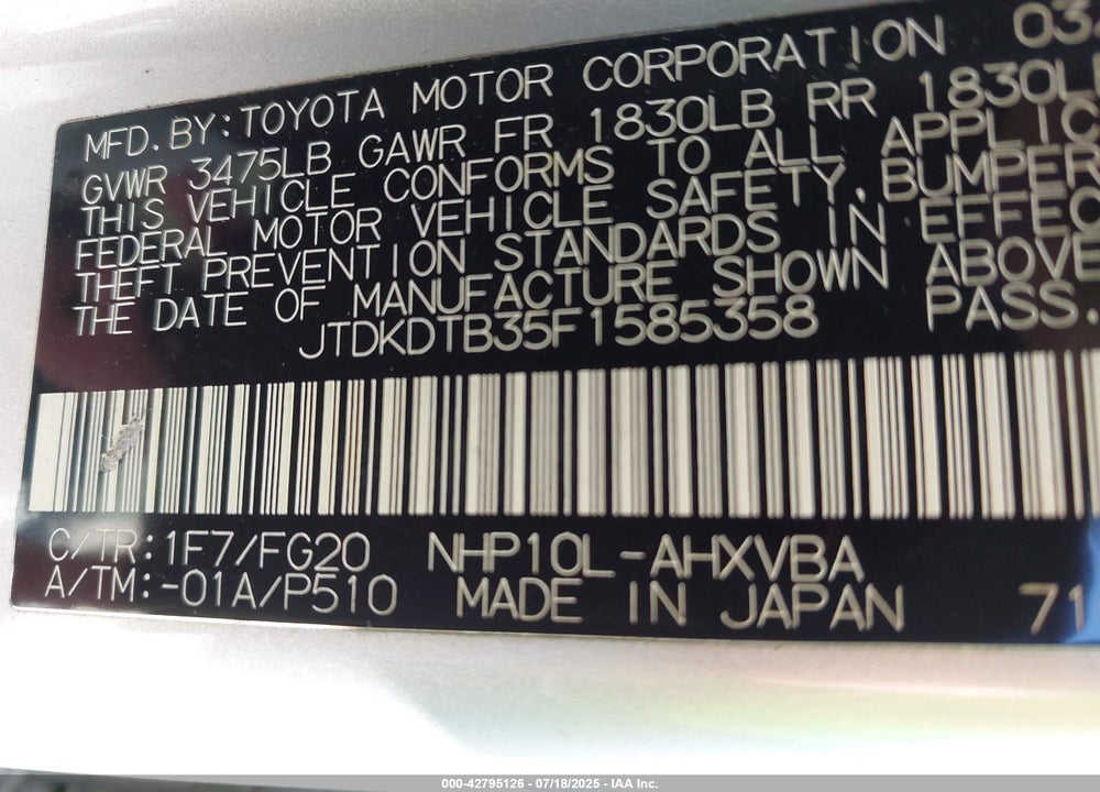 2015 TOYOTA PRIUS C VIN: JTDKDTB35F1585358