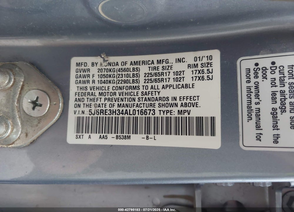 2010 HONDA CR-V LX VIN: 5J6RE3H34AL016673