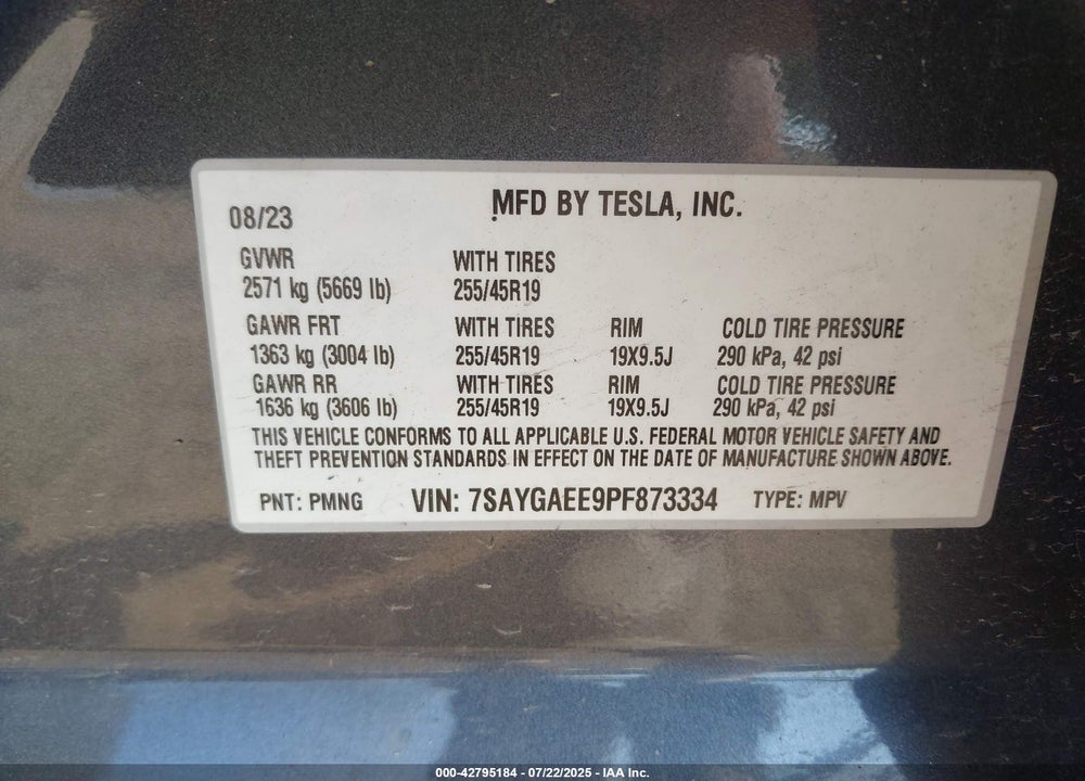 2023 TESLA MODEL Y VIN: 7SAYGAEE9PF873334