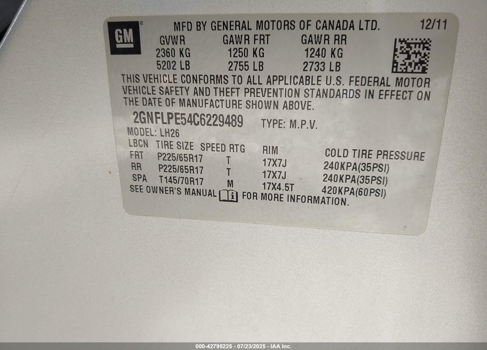 2012 CHEVROLET EQUINOX VIN: 2GNFLPE54C6229489