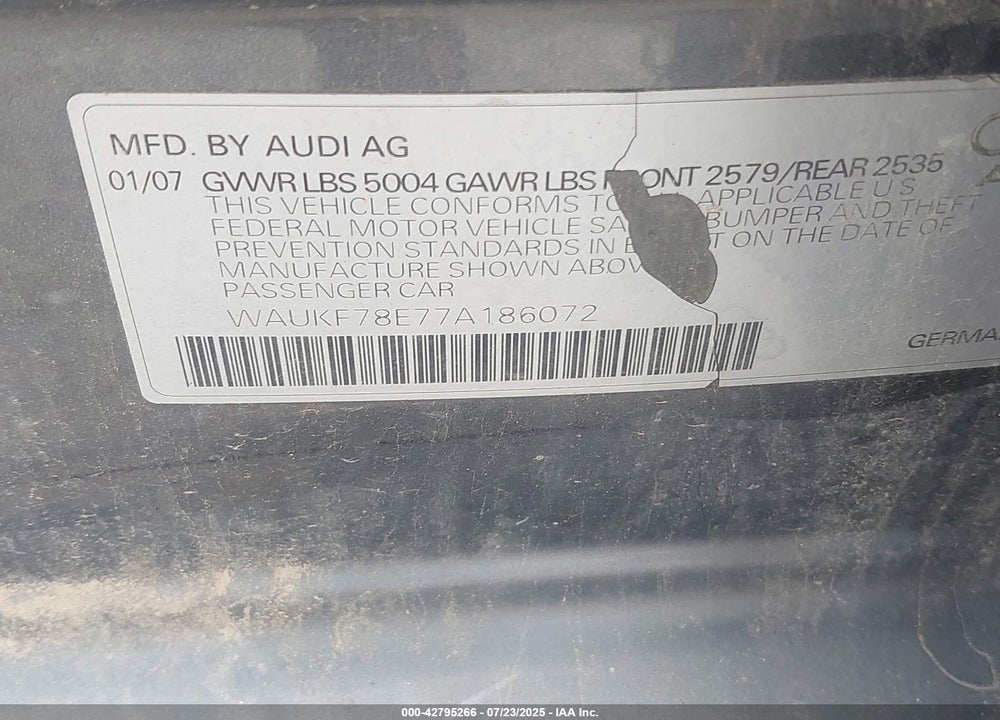2007 AUDI A4 VIN: WAUKF78E77A186072