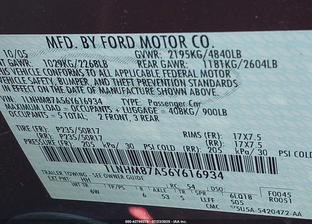 2006 LINCOLN LS VIN: 1LNHM87A56Y616934