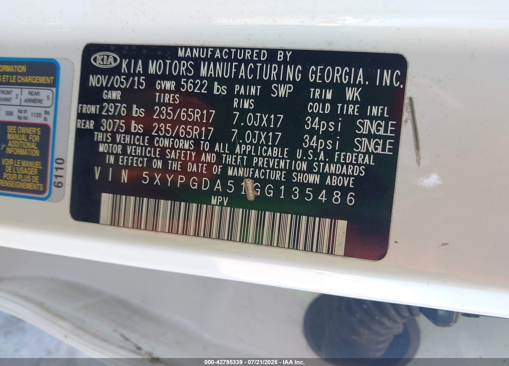 2016 KIA SORENTO VIN: 5XYPGDA51GG135486