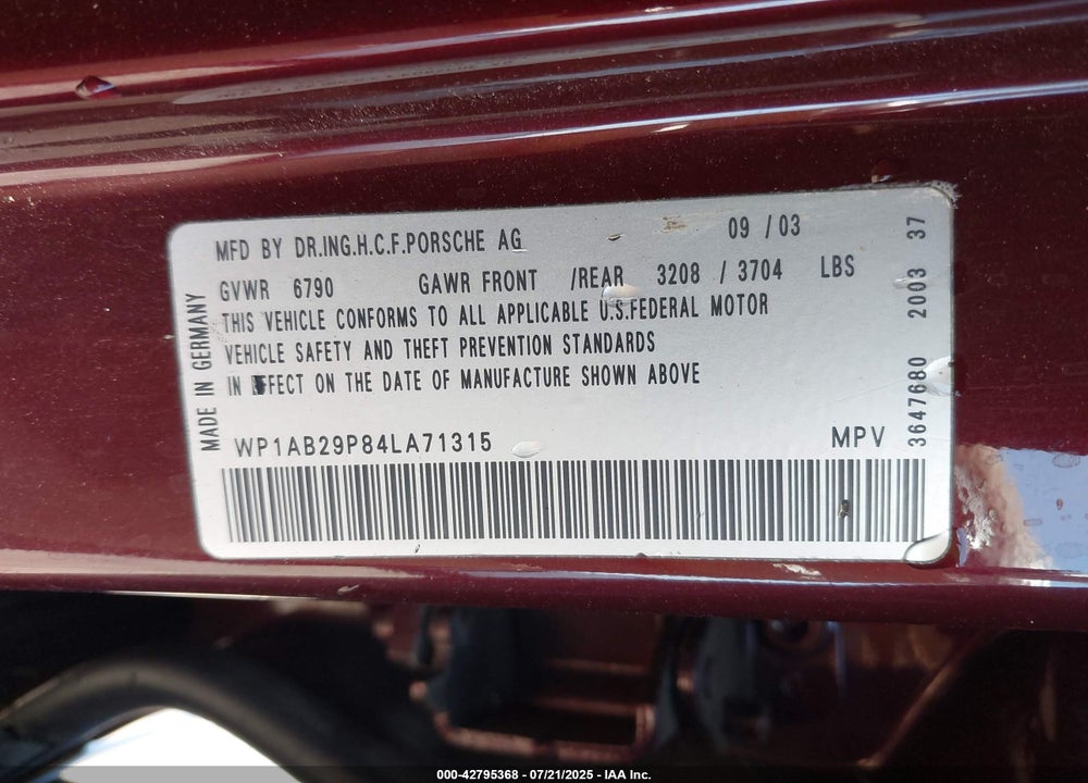 2004 PORSCHE CAYENNE S VIN: WP1AB29P84LA71315