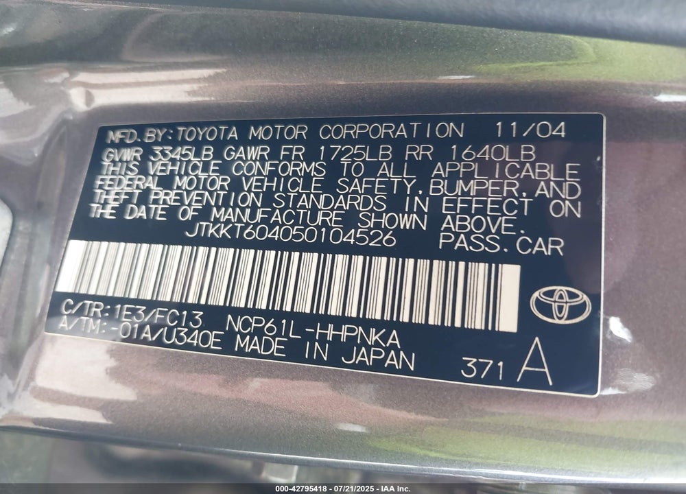 2005 SCION XA VIN: JTKKT604050104526