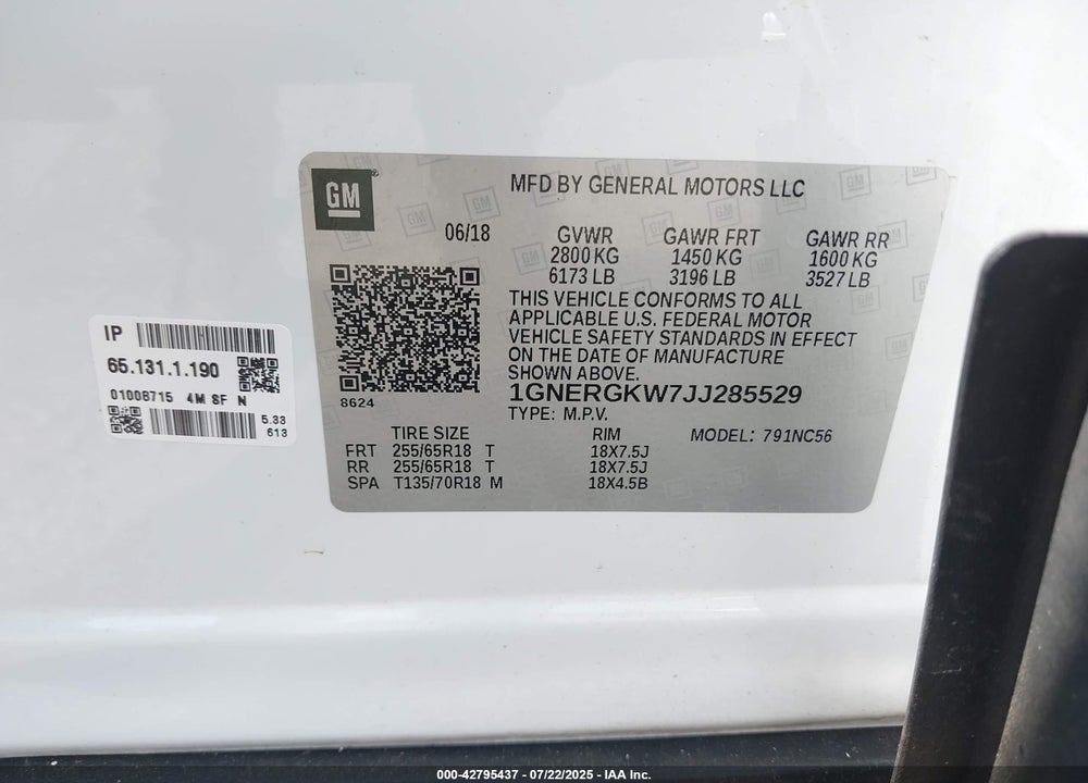 2018 CHEVROLET TRAVERSE VIN: 1GNERGKW7JJ285529