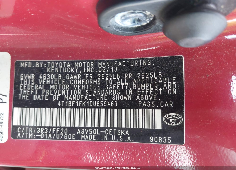2013 TOYOTA CAMRY VIN: 4T1BF1FK1DU659463