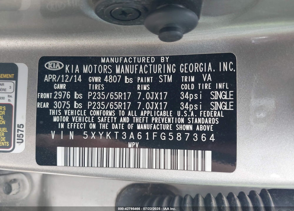 2015 KIA SORENTO VIN: 5XYKT3A61FG587364