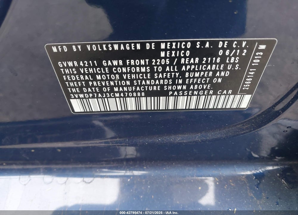 2012 VOLKSWAGEN JETTA VIN: 3VWDP7AJ3CM470888