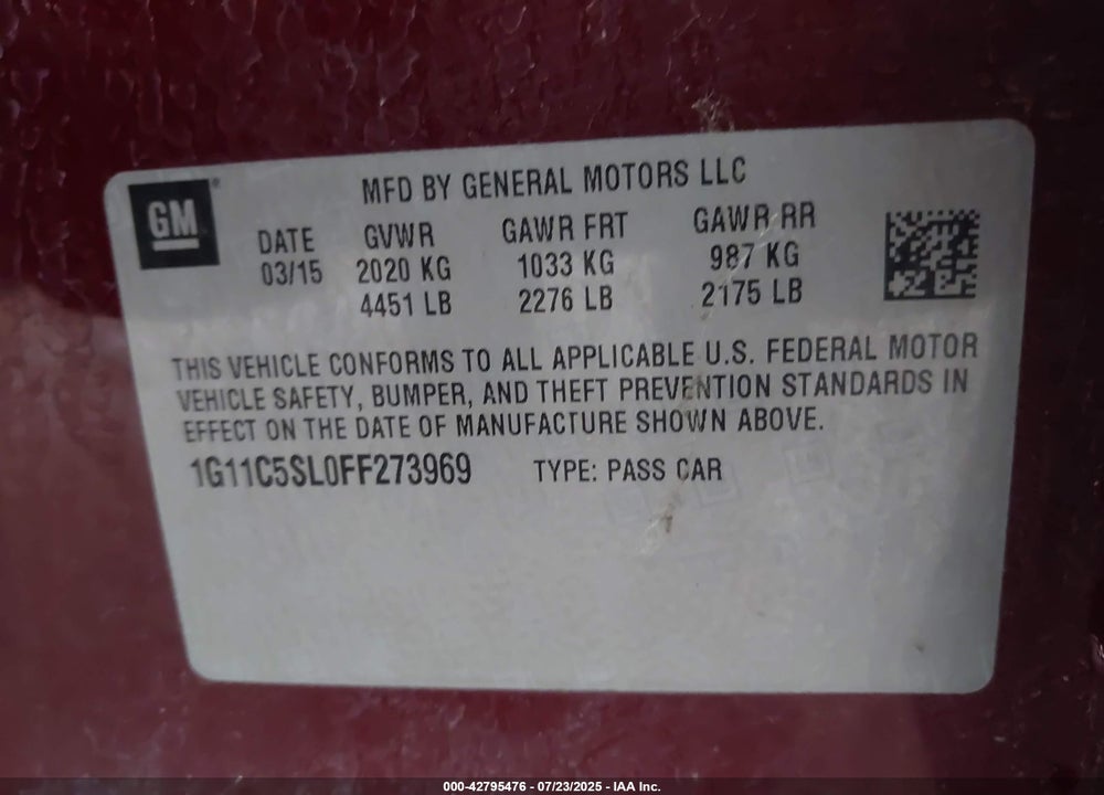 2015 CHEVROLET MALIBU VIN: 1G11C5SL0FF273969