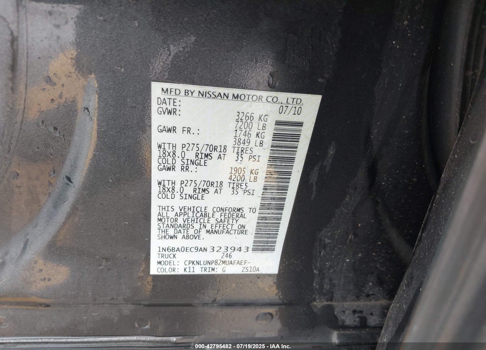 2010 NISSAN TITAN VIN: 1N6BA0EC9AN323943