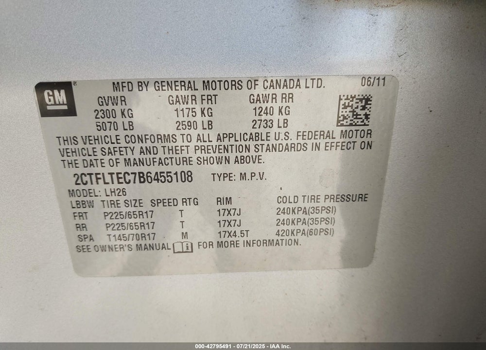 2011 GMC TERRAIN VIN: 2CTFLTEC7B6455108