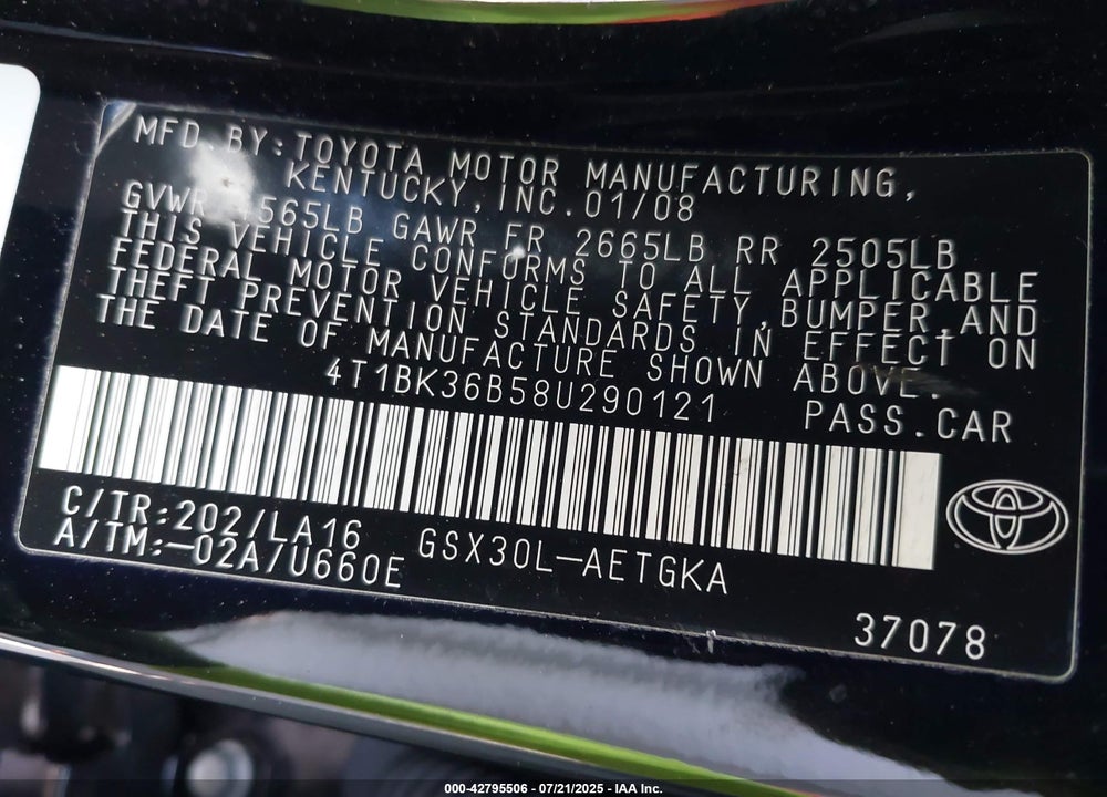 2008 TOYOTA AVALON VIN: 4T1BK36B58U290121