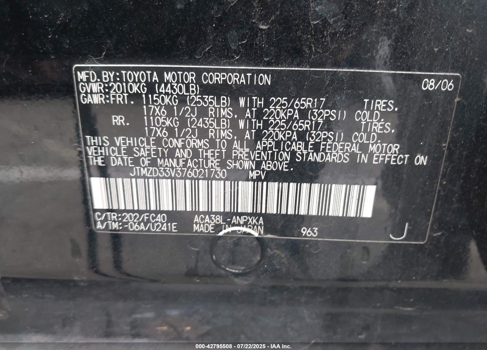 2007 TOYOTA RAV4 VIN: JTMZD33V376021730