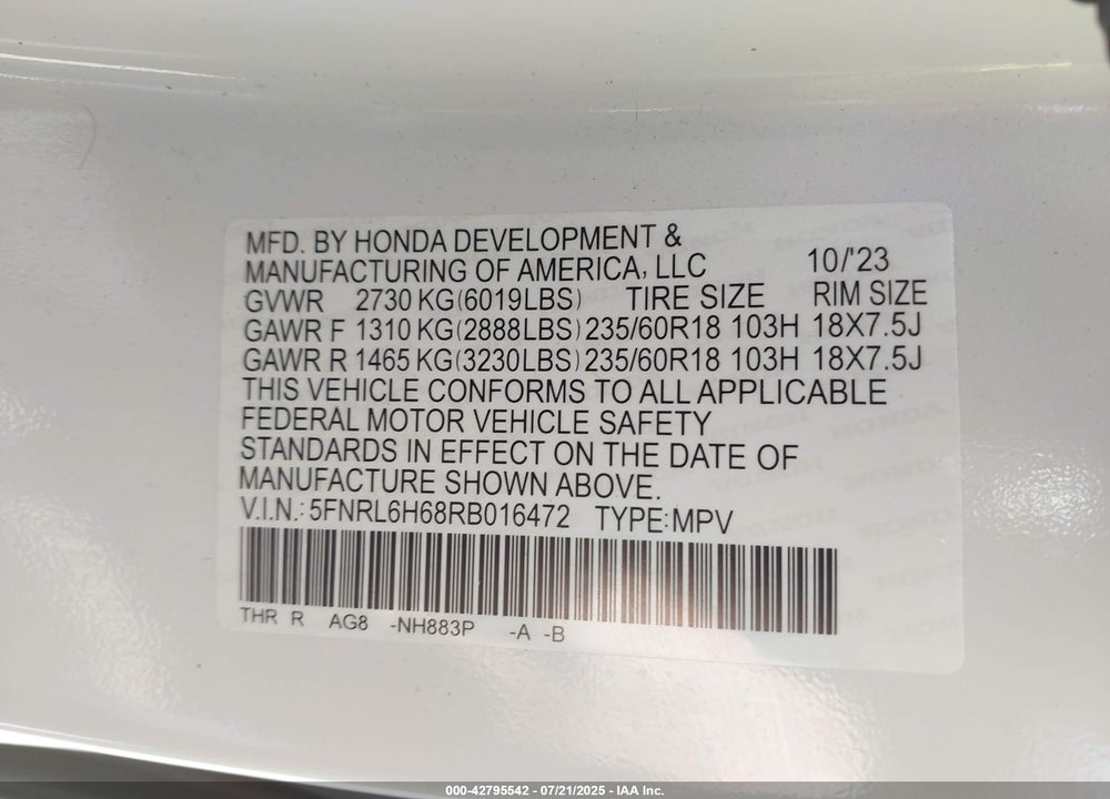 2024 HONDA ODYSSEY EX-L VIN: 5FNRL6H68RB016472