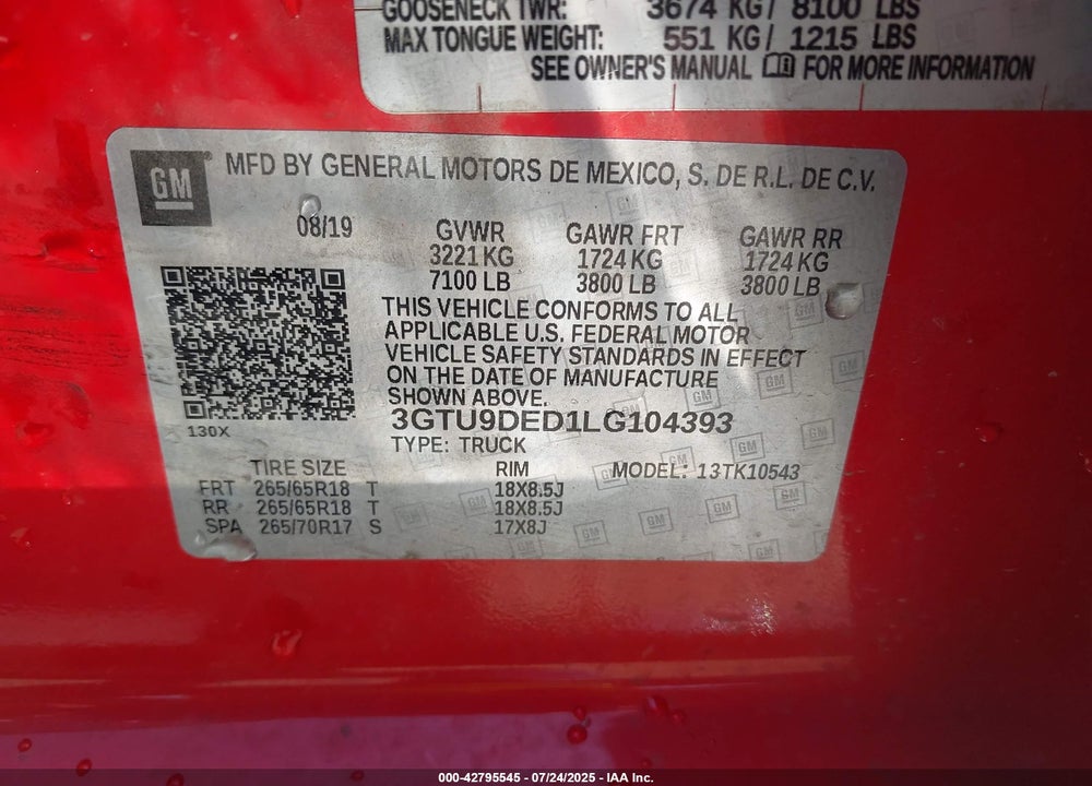 2020 GMC SIERRA 1500 VIN: 3GTU9DED1LG104393