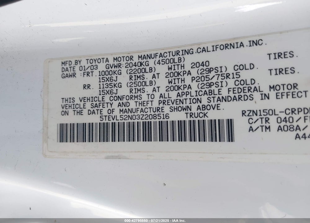 2003 TOYOTA TACOMA VIN: 5TEVL52N03Z208516