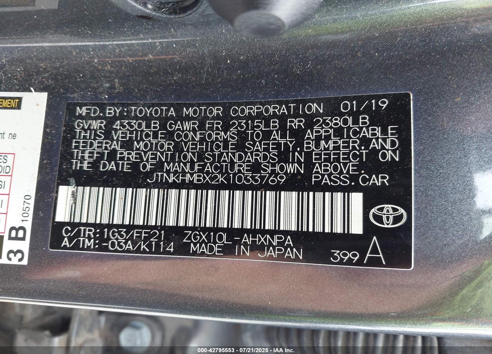 2019 TOYOTA C-HR VIN: JTNKHMBX2K1033769