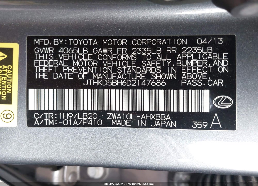 2013 LEXUS CT 200H VIN: JTHKD5BH6D2147686