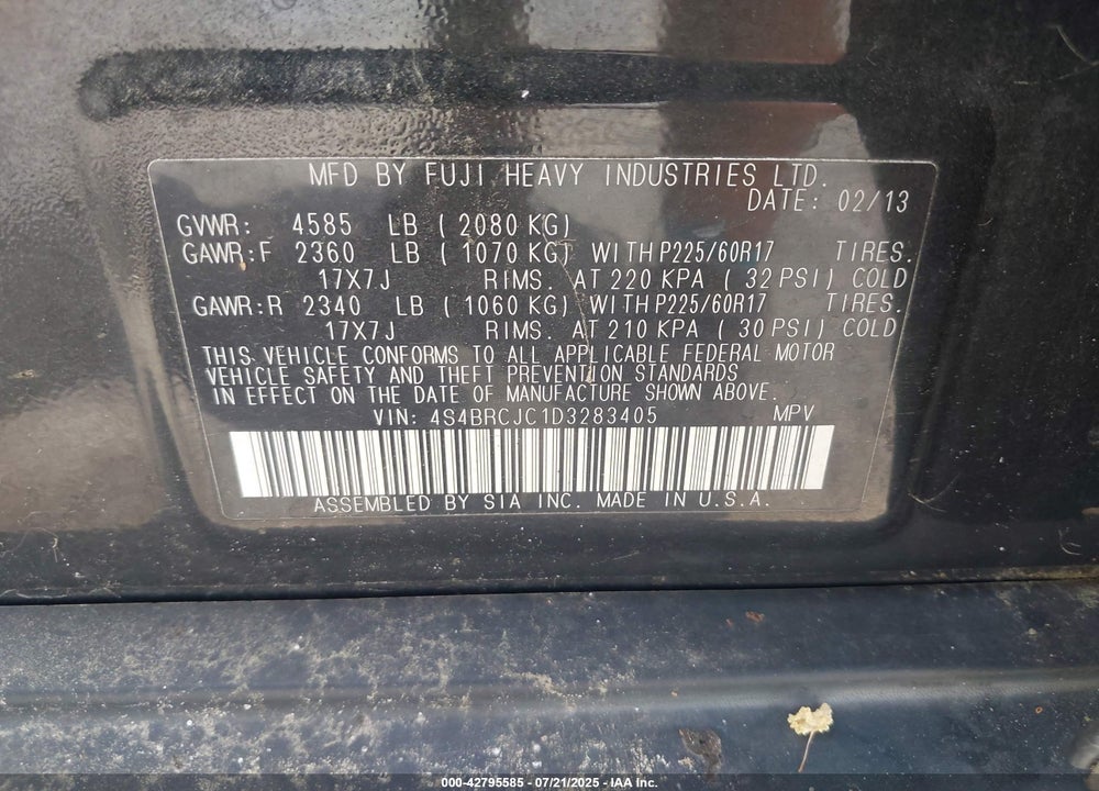 2013 SUBARU OUTBACK VIN: 4S4BRCJC1D3283405