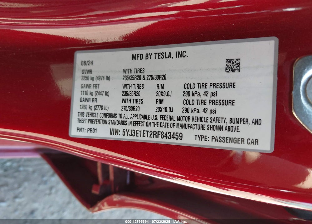 2024 TESLA MODEL 3 VIN: 5YJ3E1ET2RF843459