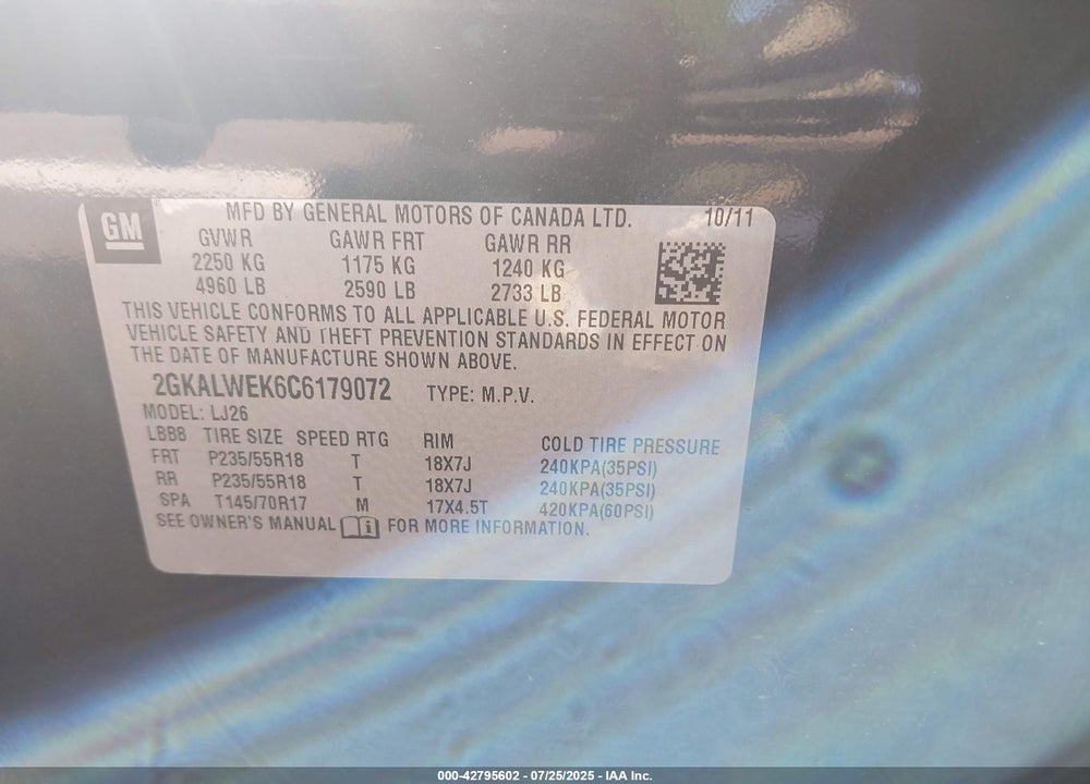 2012 GMC TERRAIN VIN: 2GKALWEK6C6179072