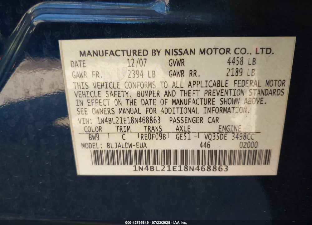 2008 NISSAN ALTIMA VIN: 1N4BL21E18N468863