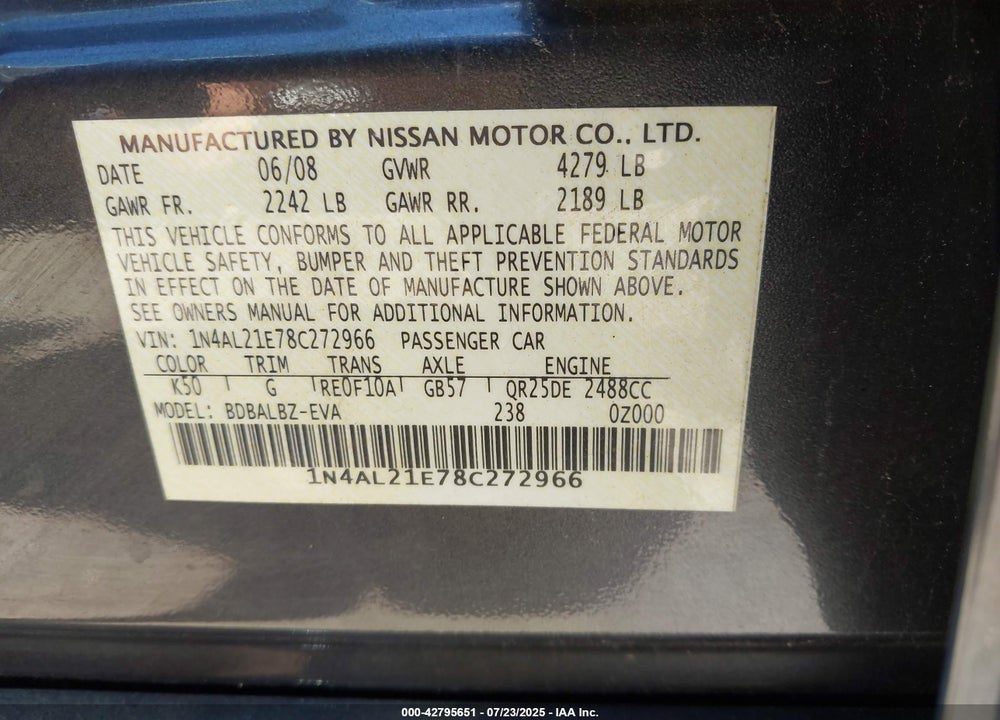 2008 NISSAN ALTIMA 2.5 S VIN: 1N4AL21E78C272966