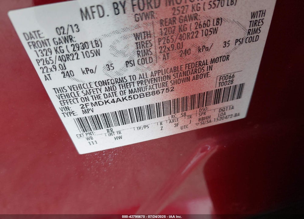 2013 FORD EDGE VIN: 2FMDK4AK5DBB86752