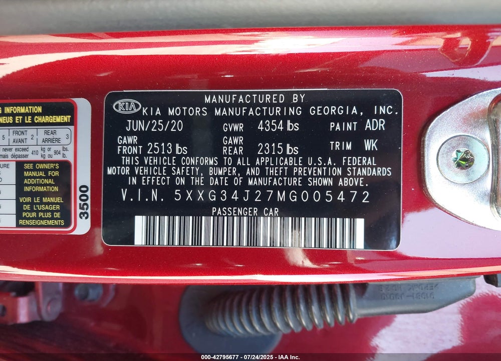 2021 KIA K5 VIN: 5XXG34J27MG005472