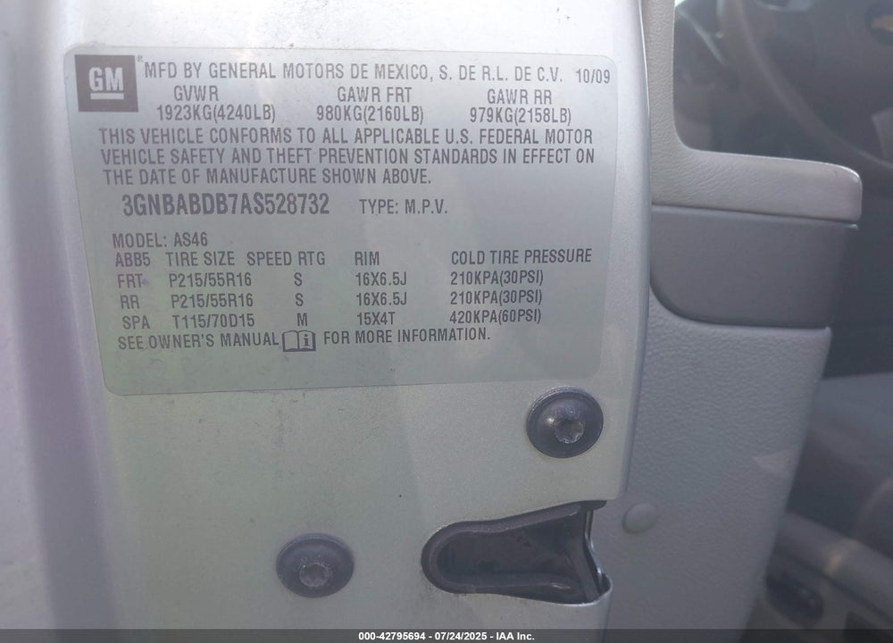 2010 CHEVROLET HHR VIN: 3GNBABDB7AS528732